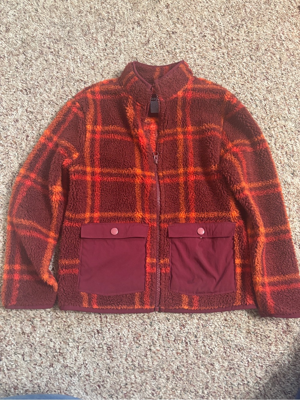 Kids 6/7 Maroon & Orange Plaid Sherpa Zip Jacket